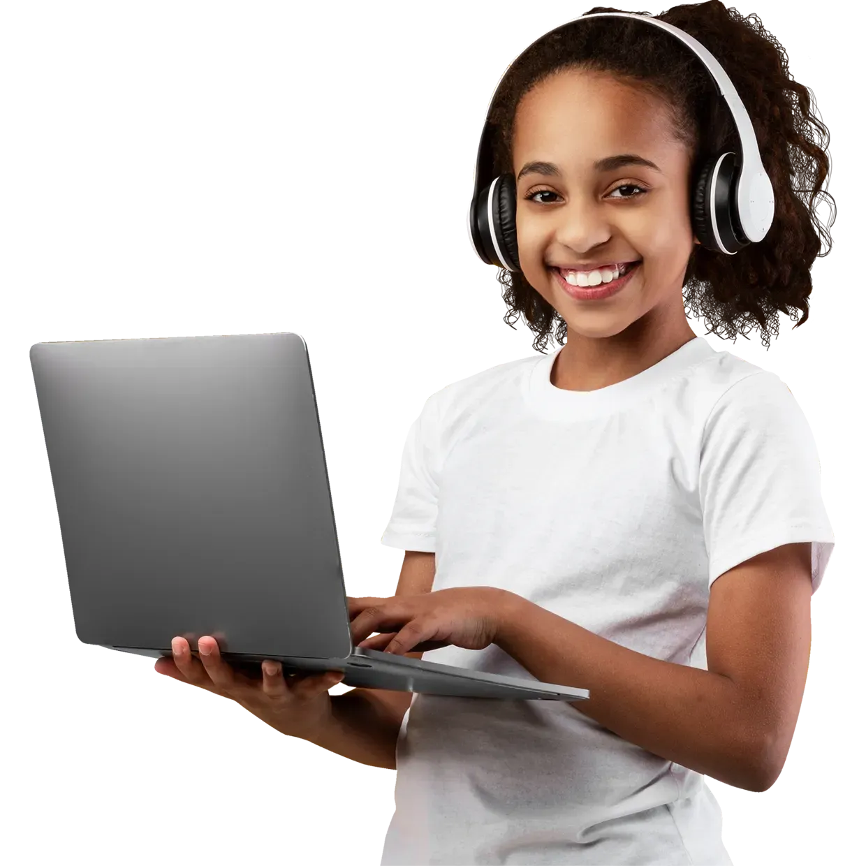 Girl with laptop and wireless headphones.